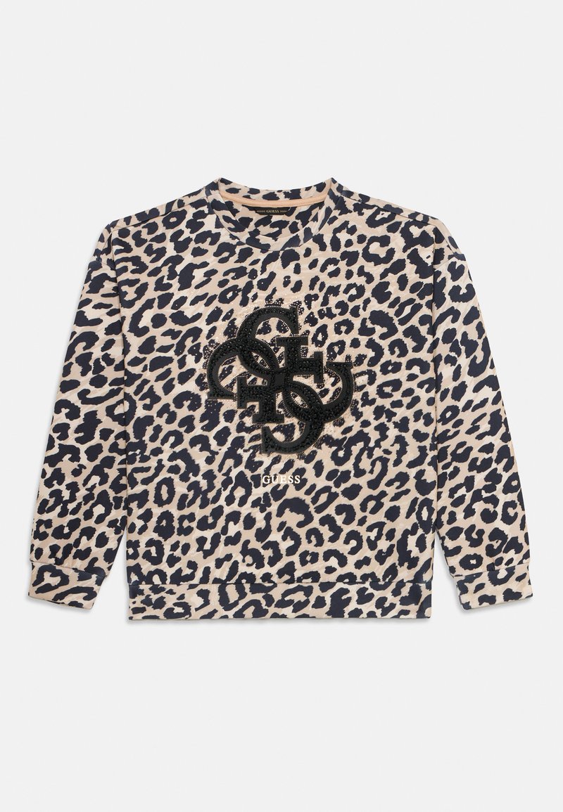 Felpa con stampa leopardata in beige e nero, con un logo nero testurizzato e il testo 'GUESS' al centro. Tessuto morbido, maniche lunghe.