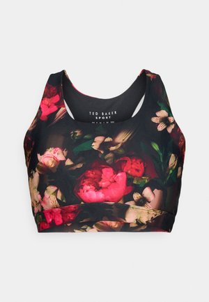 Sutien sport floral cu bază neagră, prezentând un model vibrant de trandafiri și bujori, fabricat dintr-un material elastic, cu decolteu rotund și design tip racerback.