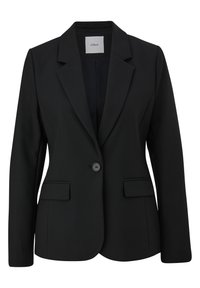 Schwarzer Blazer aus glattem Stoff, mit einem Reverskragen, einem Ein-Knopf-Verschluss und zwei Fronttaschen. Einfaches und strukturiertes Design.