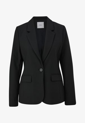 Schwarzer Blazer aus glattem Stoff, mit einem Reverskragen, einem Ein-Knopf-Verschluss und zwei Fronttaschen. Einfaches und strukturiertes Design.