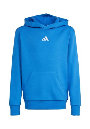 Felpa blu con cappuccio realizzata in tessuto morbido. Presenta una tasca frontale e un logo bianco sul petto. Polsini e orlo a costine.