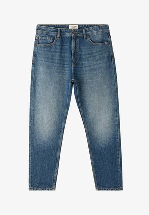 Jeans in denim blu chiaro con taglio dritto, dotati di cinque tasche, chiusura con bottone frontale e scoloriture attorno alle cosce e alle ginocchia.