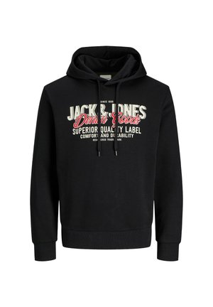 Mustat hupparit, jotka on valmistettu puuvillasta ja joissa on edessä kermanvärinen ja punainen graafinen painatus, varustettuna naruilla ja joustinviettävillä hihoilla.