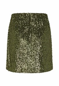Mini gonna verde con paillettes, dotata di un cinturino aderente. Texture e lucentezza scintillanti, con una copertura completa di piccole paillettes rotonde.