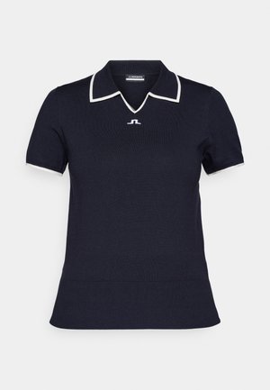 Marineblaue Poloshirt aus Strickstoff, mit einem weißen Kragen und Besatz, kurzen Ärmeln und einem kleinen Logo auf der Brust.