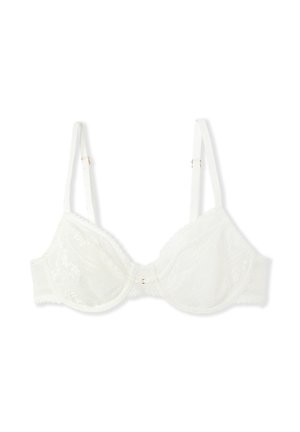 Sujetador de encaje en blanco, con aro y tirantes ajustables. Tela estampada con bordes ondulados y detalles en dorado.