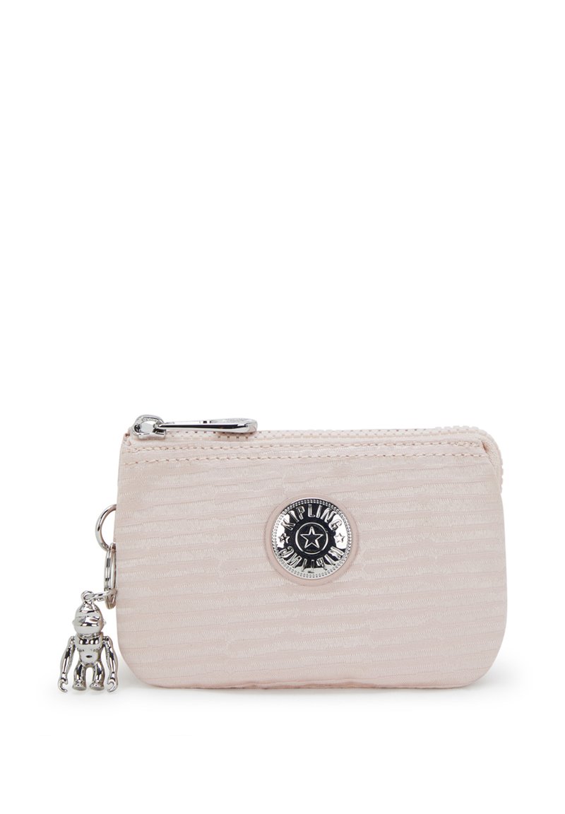 Pink zippered wallet with textured fabric, featuring a star-shaped emblem and a silver metal charm in the shape of a robot.