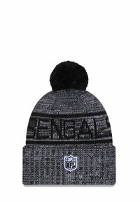 Schwarze und graue gestrickte Mütze mit einem strukturierten Muster, versehen mit einem Pompon oben und einem Bund, auf dem "BENGALS" und das NFL-Logo zu sehen sind.