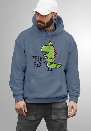 Blue hoodie featuring a cartoon dinosaur named "Tree Rex" with a star, festive lights, and red spikes on the back; front pocket visible.