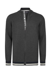 Grau gestrickte Strickjacke mit hohem Kragen, Reißverschluss und strukturiertem Muster. Hat marineblaue und weiße Streifen an den Bündchen und dem Saum.