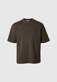 Brun short-sleeve t-skjorte laget av myk stoff, med rund hals, avslappet passform, og uten synlige mønstre eller aksenter.