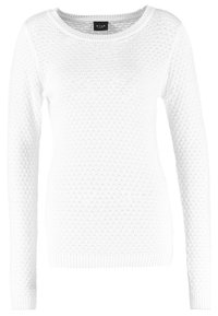 Vit långärmad tröja i strukturerad stickad tyg med rund halsringning och ribbad nederkant. Har ett öppet vävmönster genom hela tröjan.