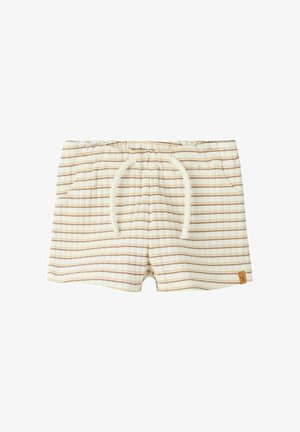 Pantaloncini color crema per bambino con sottili righe orizzontali marroni, vita con coulisse, tasche laterali e una piccola toppa logo beige sull'orlo.