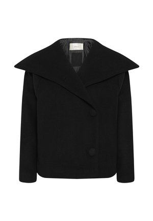 Sort uldblanding frakke med bred krave, dobbeltrækket front og store knapper. Har en glat tekstur og en skræddersyet pasform.