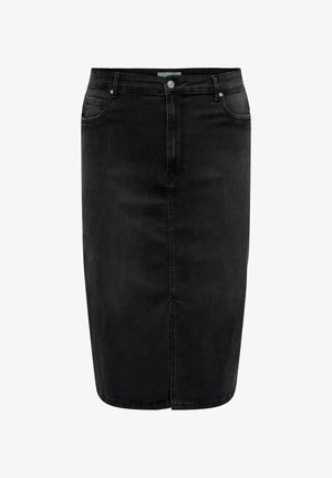 Črna denimska krila s čelnim razporkom, petimi žepi in gumbom za zapiranje. Gladka tekstura in klasičen dizajn.