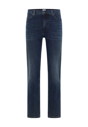 Donkerblauwe denim jeans met rechte pijpen en een klassiek ontwerp met vijf zakken, voorzien van subtiele vervaagde details en een standaard knoopsluiting.