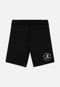 Zwarte katoenen shorts met een elastische tailleband en een trekkoord. Kenmerken witte logo-opdruk op het linkeronderbeen. Gladde textuur, casual ontwerp.