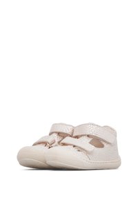 Scarpe per bambini con strap in Velcro di colore rosa chiaro, realizzate in materiale sintetico testurizzato con un motivo delicato. Suola in gomma morbida per comfort e aderenza.