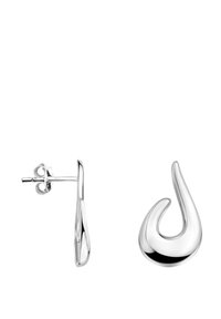 Silverfärgade studörhängen med en modern, böjd design som har en glansig yta och öppen tårform.