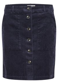 Cordrock aus dunkelblauem Cord mit vertikalen Streifen, vorne mit Knöpfen, zwei Taschen und geradem Saum.