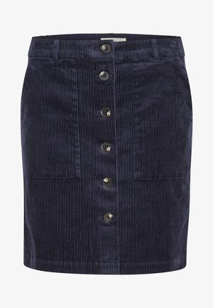 Manšestrová sukně v tmavě námořnické modři s vertikálními pruhy, má přední knoflíky, dvě kapsy a rovný lem.