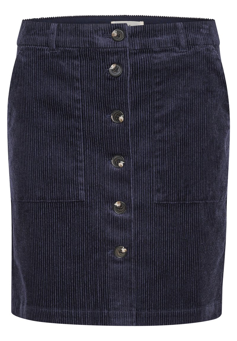 Cordrock aus dunkelblauem Cord mit vertikalen Streifen, vorne mit Knöpfen, zwei Taschen und geradem Saum.