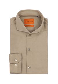 Beige katoenen overhemd met knopen en een klassieke kraag, een borstzak en twee knopen op de manchetten. Etiket zichtbaar met de tekst "Geschikt, Katoen/Sorona."