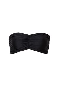 Top bikini bandeau nero con tessuto arricciato, texture liscia e senza spalline. Presenta un design senza cuciture per comfort e vestibilità.