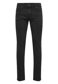 Schwarze schmal geschnittene Jeans mit fünf Taschen und Knopfverschluss, flach auf einem weißen Hintergrund abgebildet.