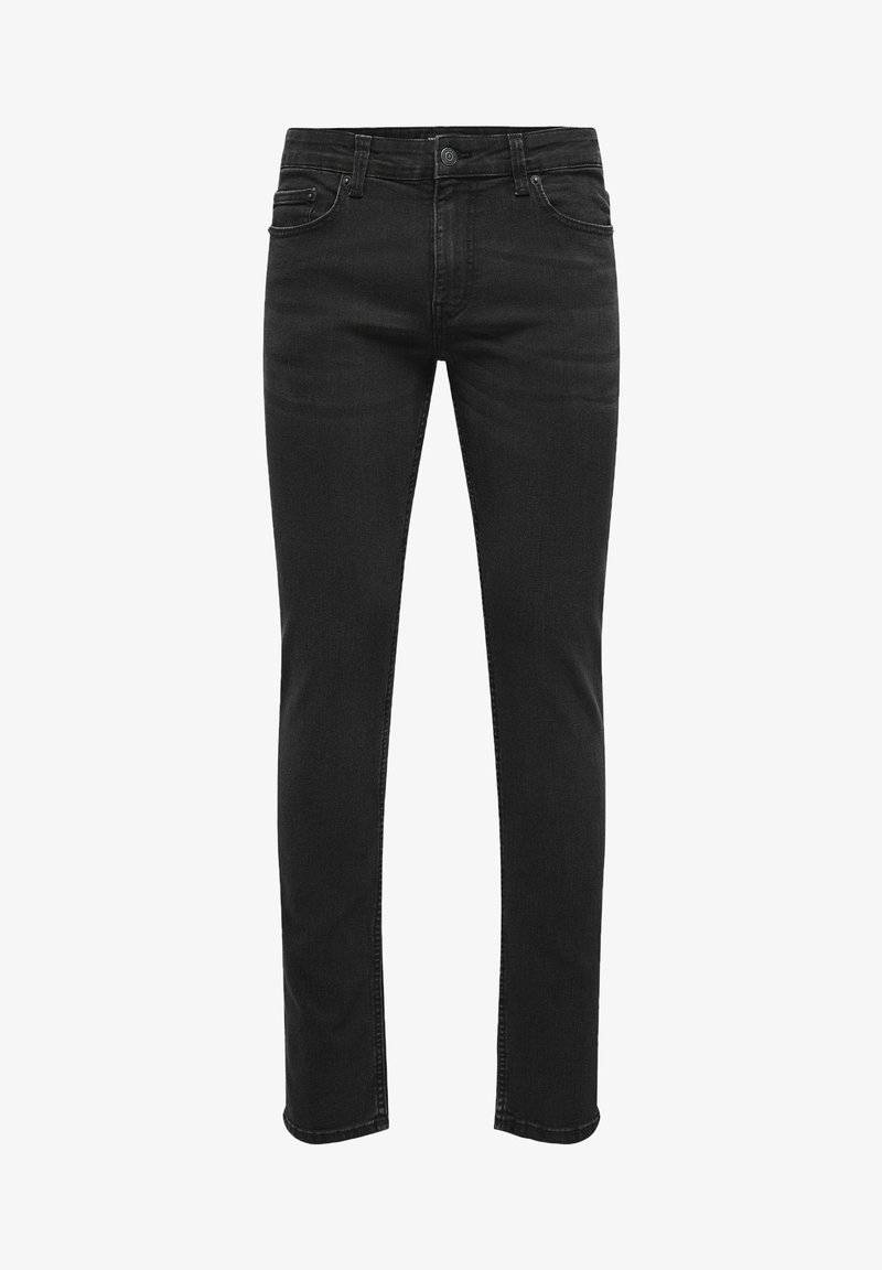 Schwarze schmal geschnittene Jeans mit fünf Taschen und Knopfverschluss, flach auf einem weißen Hintergrund abgebildet.