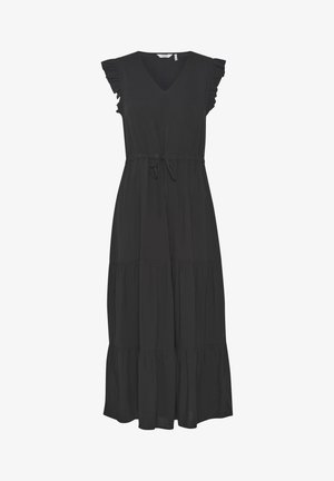 Zwarte maxi-jurk met een V-hals, ruffles op de mouwen, een trekkoord in de taille en een gelaagde rok. Gladde stof met een vloeiende textuur.