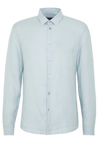 Camicia a maniche lunghe azzurra chiara con colletto a punta e bottoni visibili sul davanti, esposta su uno sfondo bianco.