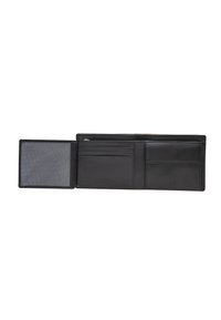 Cartera de cuero negro con múltiples ranuras para tarjetas, una ventana para identificación transparente y un compartimento con cremallera para monedas. Textura suave y diseño minimalista.