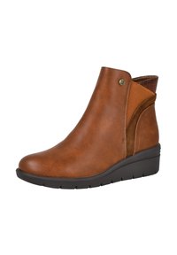 Botas de tobillo de cuero marrón con punta redondeada, panel trasero texturizado y suela de cuña. Presenta secciones lisas y de ante.