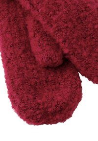 Rode pluche handschoenen met een textuur en een donzige oppervlakte. Afgeronde tips, zachte stof en een gezellige uitstraling, geschikt voor warme vestiging.