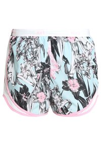 Floral print shorts in light blue with black and pink accents. Made from lightweight fabric, featuring a mesh side panel and pink trim.