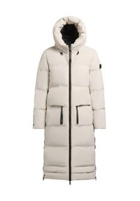 White puffer coat with a quilted design, high collar, and black zipper. Features two front pockets and visible black accent details.