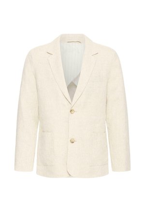 Kreemivärvi meeste bleiser kahe pruuni nupuga, sälguga kraega, esitaskutega ja triibulise voodriga.