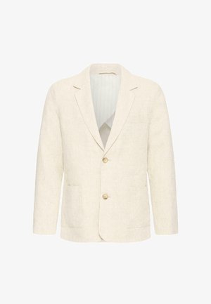 Kreemivärvi meeste bleiser kahe pruuni nupuga, sälguga kraega, esitaskutega ja triibulise voodriga.