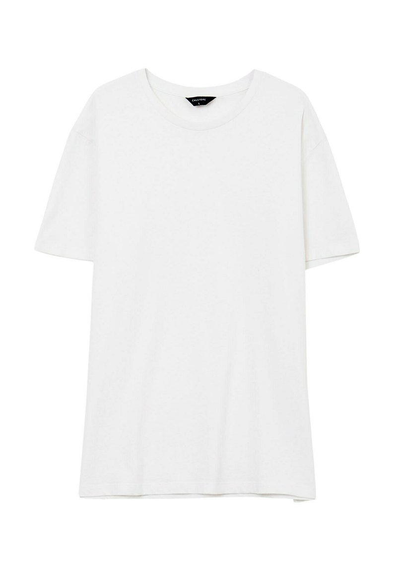 T-shirt in cotone bianco con maniche corte e scollo rotondo. Design semplice, texture liscia e taglio dritto senza motivi o accenti.