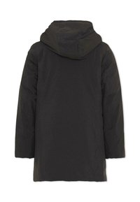 Zwarte gewatteerde parka met een rechte snit, voorzien van een gladde textuur en lange mouwen. De achterkant is eenvoudig zonder logo's of extra details.