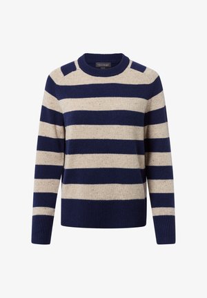 Gestreepte trui in marineblauw en beige. Gemaakt van zacht materiaal, heeft het een ronde hals en ribgebreide manchetten en zoom.