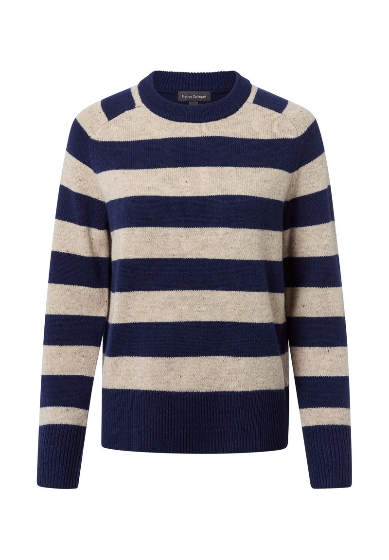 Gestreifter Pullover in Marineblau und Beige. Hergestellt aus weichem Stoff, hat er einen runden Ausschnitt sowie gerippte Bündchen und Saum.