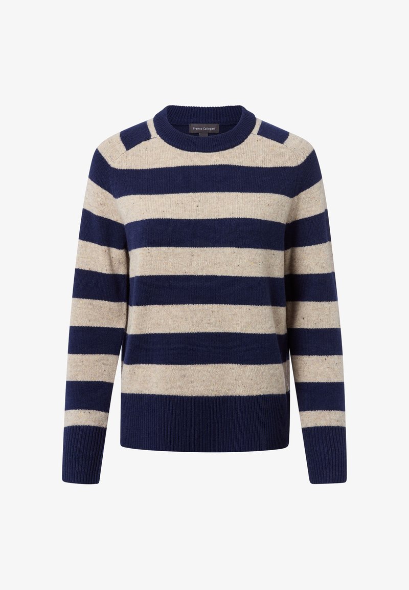 Gestreifter Pullover in Marineblau und Beige. Hergestellt aus weichem Stoff, hat er einen runden Ausschnitt sowie gerippte Bündchen und Saum.