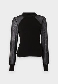 Top negru cu mânecă lungă, cu guler înalt, având mâneci din material transparent decorat cu paiete negre și un corp solid. Manchetele canalate completează designul.