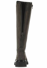 Bottes hautes en cuir noir avec une finition élégante, dotées d'une fermeture éclair sur toute la longueur et d'une semelle robuste et texturée pour assurer la stabilité.