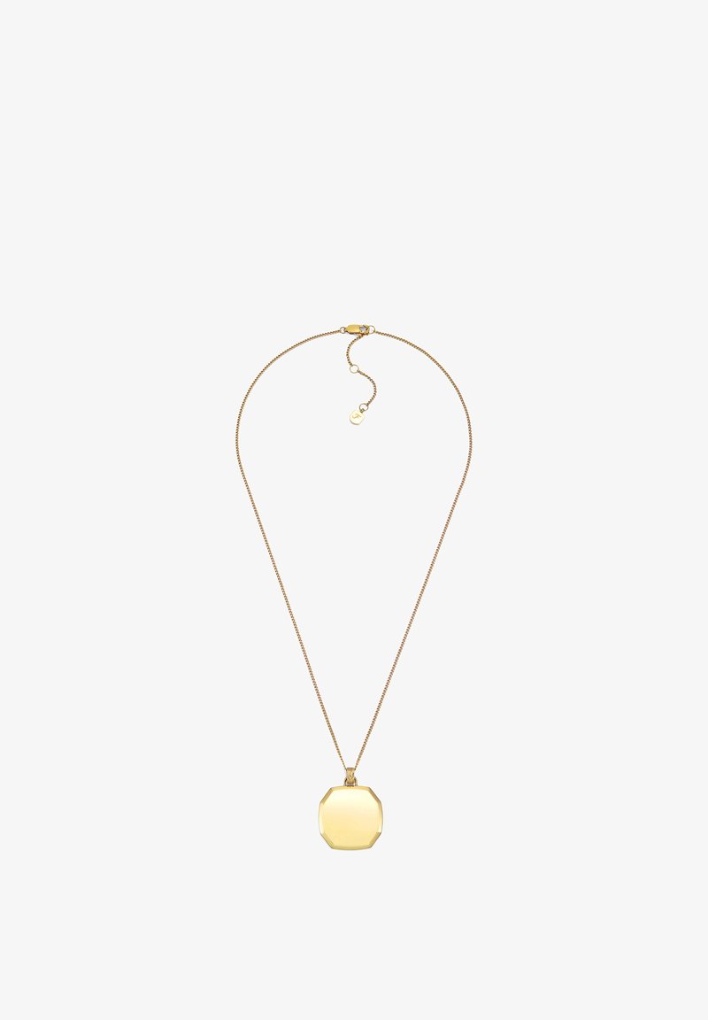 Collier en ton or avec un pendentif octogonal. La chaîne est équipée d'un fermoir sécurisé et d'une longueur ajustable avec un petit pendentif en guise d'accent.