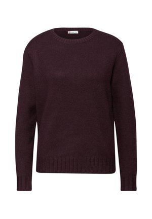 Maglione a collo rotondo di colore viola scuro, con maniche lunghe e orlo a costine. Texture liscia, design casual, adatto per essere indossato a strati.