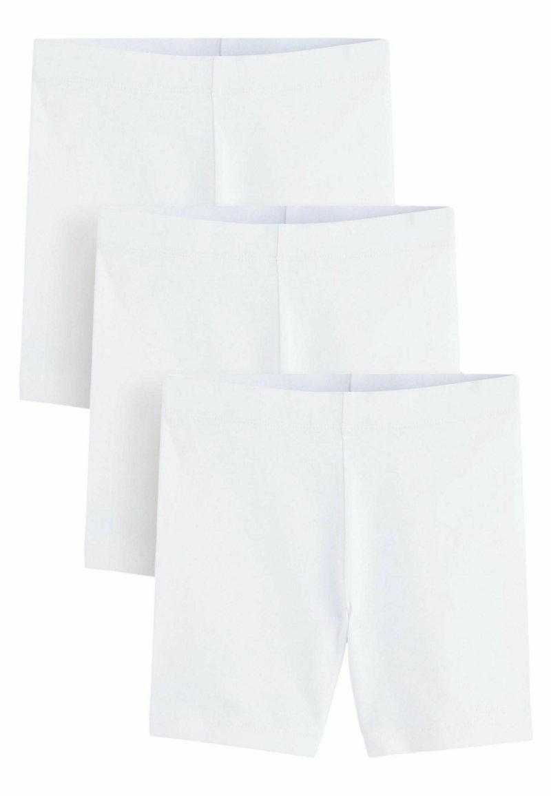 Pantaloni corti in cotone bianco, caratterizzati da una texture liscia, una vita elasticizzata e un design semplice. Include tre paia identici.