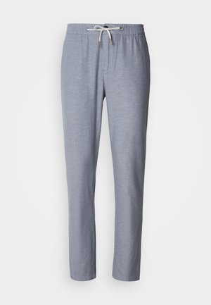 Szürke, könnyű anyagból készült nadrág elasztikus derékrésszel, húzózsinóros rögzítéssel és keskenyedő szárakkal. Sima textúra, látható minták nélkül.